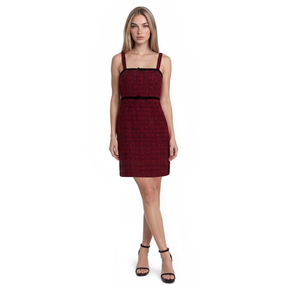 NEW Adrianna Papell Red Tweed Dress Women's Size 6 Black Velvet Trim Holiday